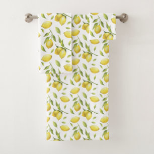 Vintage Watercolor Lemons and Greenery Pattern Bath Towel Set