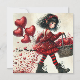 Vintage watercolor little girl holding red hearts holiday card