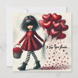 Vintage watercolor little girl holding red hearts holiday card