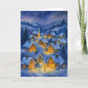 Vintage Watercolor Night Village Christmas Holiday Card