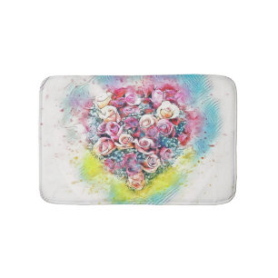 Vintage Watercolor of Colourful Roses Heart  Bath Mat