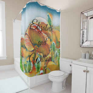 Vintage Watercolor of Orange Green Poppy Flowers Shower Curtain
