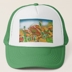 Vintage Watercolor of Orange Green Poppy Flowers Trucker Hat