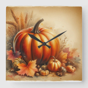 Vintage watercolor of pumpkins and fall leaves square wall clock