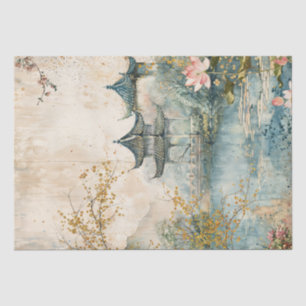 Vintage Watercolor Pagoda and Lotus Pond Tissue Paper