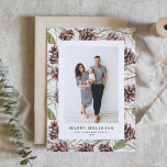 Vintage Watercolor Pine Cones Photo Christmas Holiday Card<br><div class="desc">Celebrate the season with a customisable photo Christmas card featuring watercolor pine cones. This nature-inspired design highlights the rustic beauty of hand-painted pine cones, bringing a touch of nature to your holiday greetings. The watercolor Christmas card is perfect for anyone who loves rustic, nature-themed holidays. Personalise by adding your names,...</div>