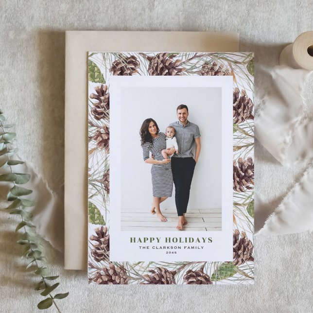 Vintage Watercolor Pine Cones Photo Christmas Holiday Card (Customizable Photo Holiday Card with Watercolor Pine Cones Pattern)