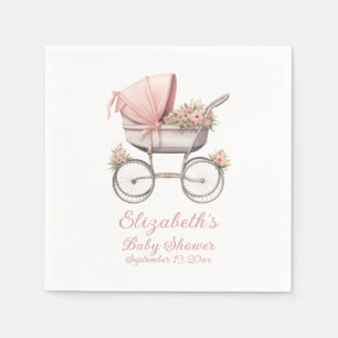 Vintage Watercolor Pink Baby Carriage Personalised Napkin