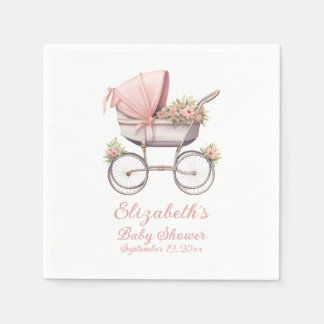 Vintage Watercolor Pink Baby Carriage Personalised Napkin