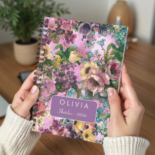 Vintage Watercolor Pink Floral Pattern Monogram Notebook
