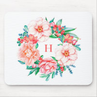 Vintage Watercolor Pink Floral Wreath Monogram