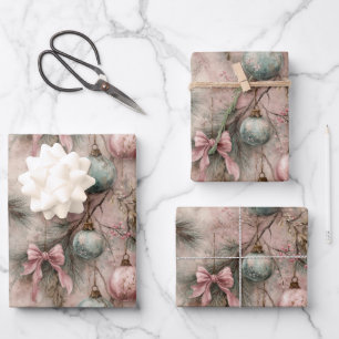Vintage Watercolor Pink & Green Bauble Christmas Wrapping Paper Sheet