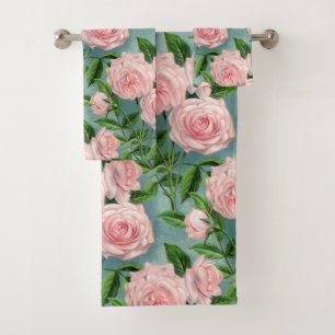 Vintage Watercolor Pink Green Teal Roses Pattern Bath Towel Set