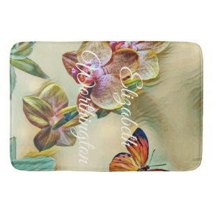 Vintage Watercolor Pink Yellow Orchid Flowers  Bath Mat