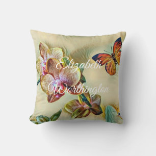 Vintage Watercolor Pink Yellow Orchid Flowers  Cushion
