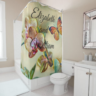 Vintage Watercolor Pink Yellow Orchid Flowers Shower Curtain