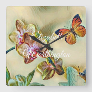 Vintage Watercolor Pink Yellow Orchid Flowers Square Wall Clock