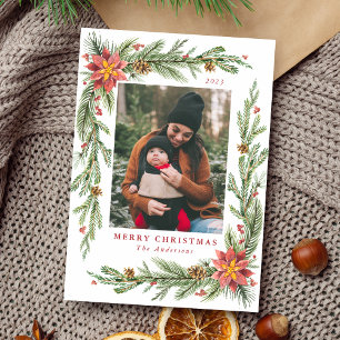 Vintage Watercolor Poinsettia Frame Photo Holiday Card