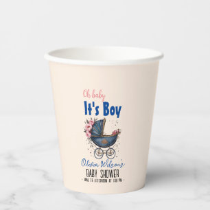 Vintage watercolor pram it's boy baby shower2 paper cups