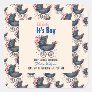 Vintage watercolor pram it's boy baby shower4 square sticker