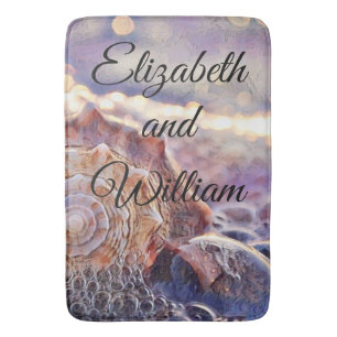 Vintage Watercolor Purple Pink Seashell  Bath Mat