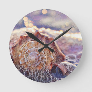 Vintage Watercolor Purple Pink Seashell Round Clock
