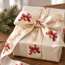 Vintage Watercolor Red Bow Bell Christmas Ribbon