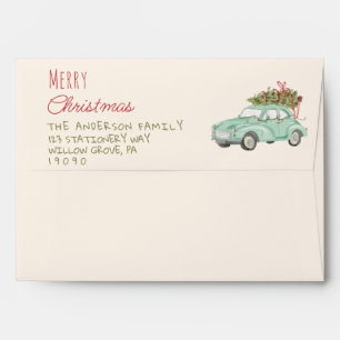 Vintage Watercolor Red Green Christmas Car Tree Envelope