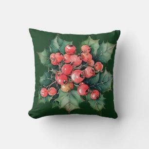 Vintage watercolor red holly berries cushion