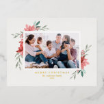 Vintage Watercolor Red Poinsettia Christmas Photo Foil Holiday Postcard<br><div class="desc">Merry Christmas! Send holiday wishes and greetings with this elegant gold foil Christmas postcard. It features watercolor illustrations of red poinsettia with greenery. Personalise this floral Christmas postcard by adding your favourite photo, greeting, names and other details. The texts are fully editable. Available as a flat card, folded card and...</div>