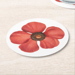 Vintage Watercolor Red Poppy Anemone Flower Round Paper Coaster