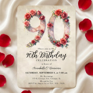 Vintage Watercolor Red Rose 90th Birthday Invitation