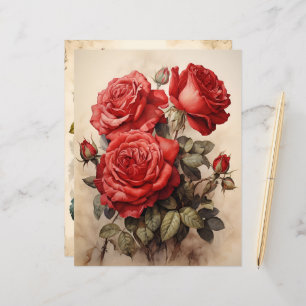 Vintage Watercolor Red Roses Paper Craft Cardstock