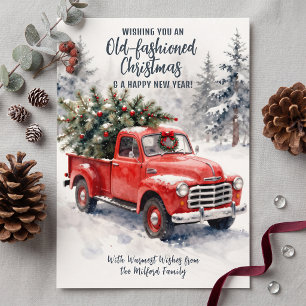 Vintage Watercolor Red Truck Pine Tree Christmas Holiday Card