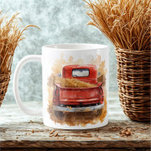 Vintage Watercolor Red Truck with Hay Rustic Farm