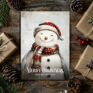 Vintage watercolor red white Christmas snowman Holiday Card
