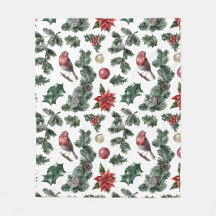 Vintage Watercolor Robin Christmas Pattern Fleece Blanket