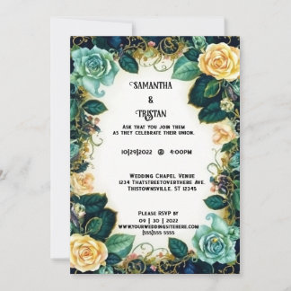 Vintage Watercolor Roses Gold Trim Wedding Invitation