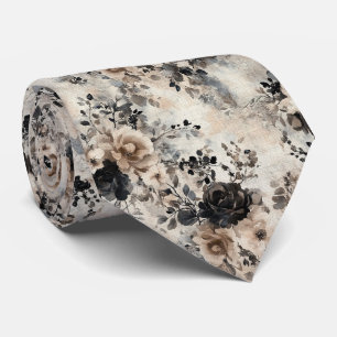 Vintage Watercolor Roses in Beige, Black Necktie