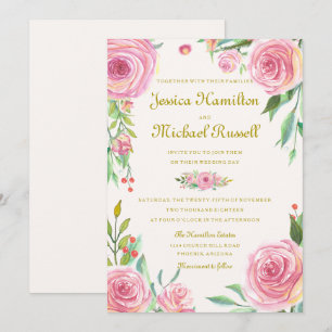 Vintage Watercolor Roses Wedding Invitation