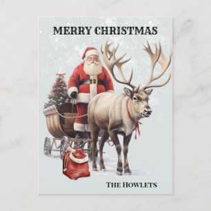 Vintage Watercolor Santa and Reindeer Sled Postcard