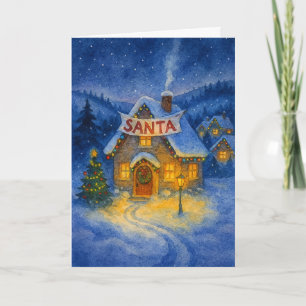 Vintage Watercolor Santa House Christmas Holiday Card