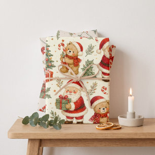 Vintage Watercolor Santa & Teddy Bear Christmas Wrapping Paper Sheet