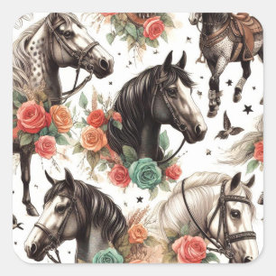 Vintage Watercolor Seamless Horse Painting Square Sticker