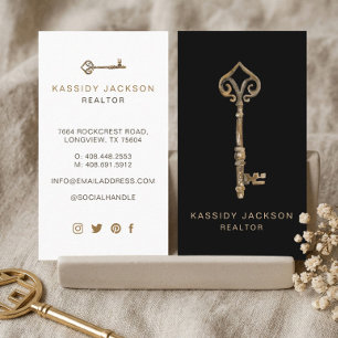 Vintage Watercolor Skeleton Key Real Estate Black Business Card