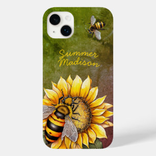 Vintage Watercolor Sunflower and Bees Script Name Case-Mate iPhone 14 Plus Case