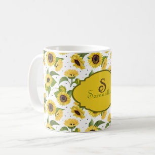 Vintage Watercolor Sunflowers Name Monogram Coffee Mug