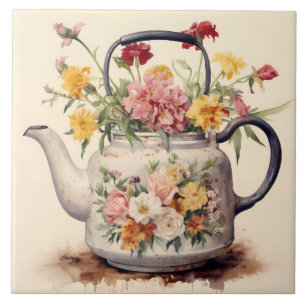 Vintage Watercolor Tea Kettle with Flowers Tile