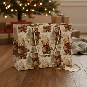 Vintage Watercolor Teddy Bear & Christmas Village  Large Gift Bag