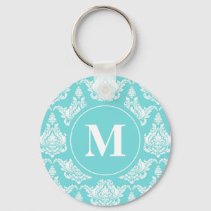 Vintage Watercolor Turquoise Damask Monogram Key Ring